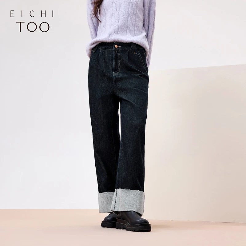 爱居兔丹宁风牛仔裤女冬新脚口翻边撞色加绒阔腿裤EKNAJ4P010A