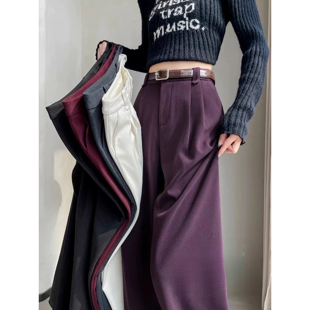 蓝莓紫色毛呢阔腿裤女2025新款秋冬小个子窄版休闲高腰垂感西装裤
