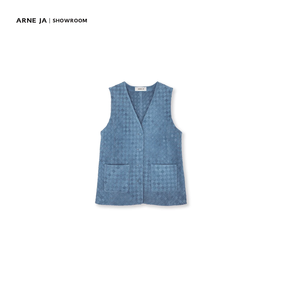 ARNE JA｜时髦遗珠重磅复古普鲁士蓝羊反绒皮格编织马甲W2701