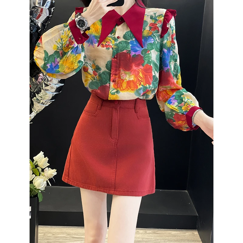 印花长袖衬衫搭a字裙春季新款港风复古时尚洋气温柔风气质套装女