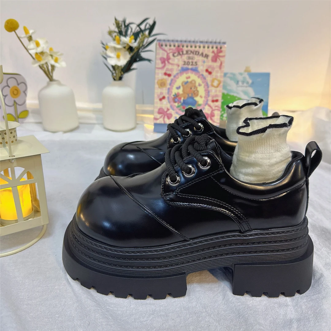 【小诗】厚底小皮鞋女英伦风圆头系带德比鞋小个子增高乐福鞋单鞋