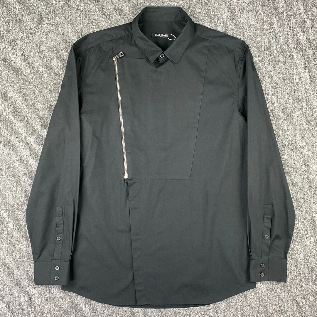 99新 BALMAIN/巴尔曼 251066/40码/翻领斜拉链不对称拼接衬衫