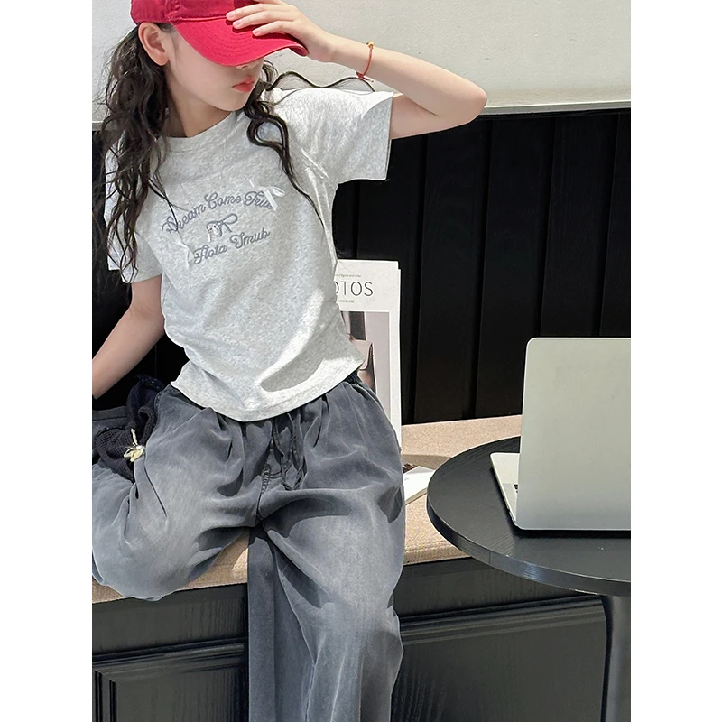 K28611孙小美 刺绣女童短袖T恤2025新款夏装儿童修身上衣半袖