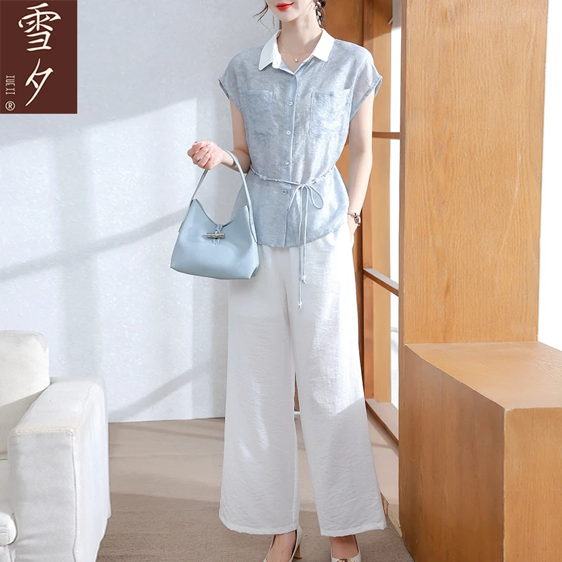 雪夕妈妈套装夏女2025新款中老年夏季宽松遮肚子洋气衬衫领两件套