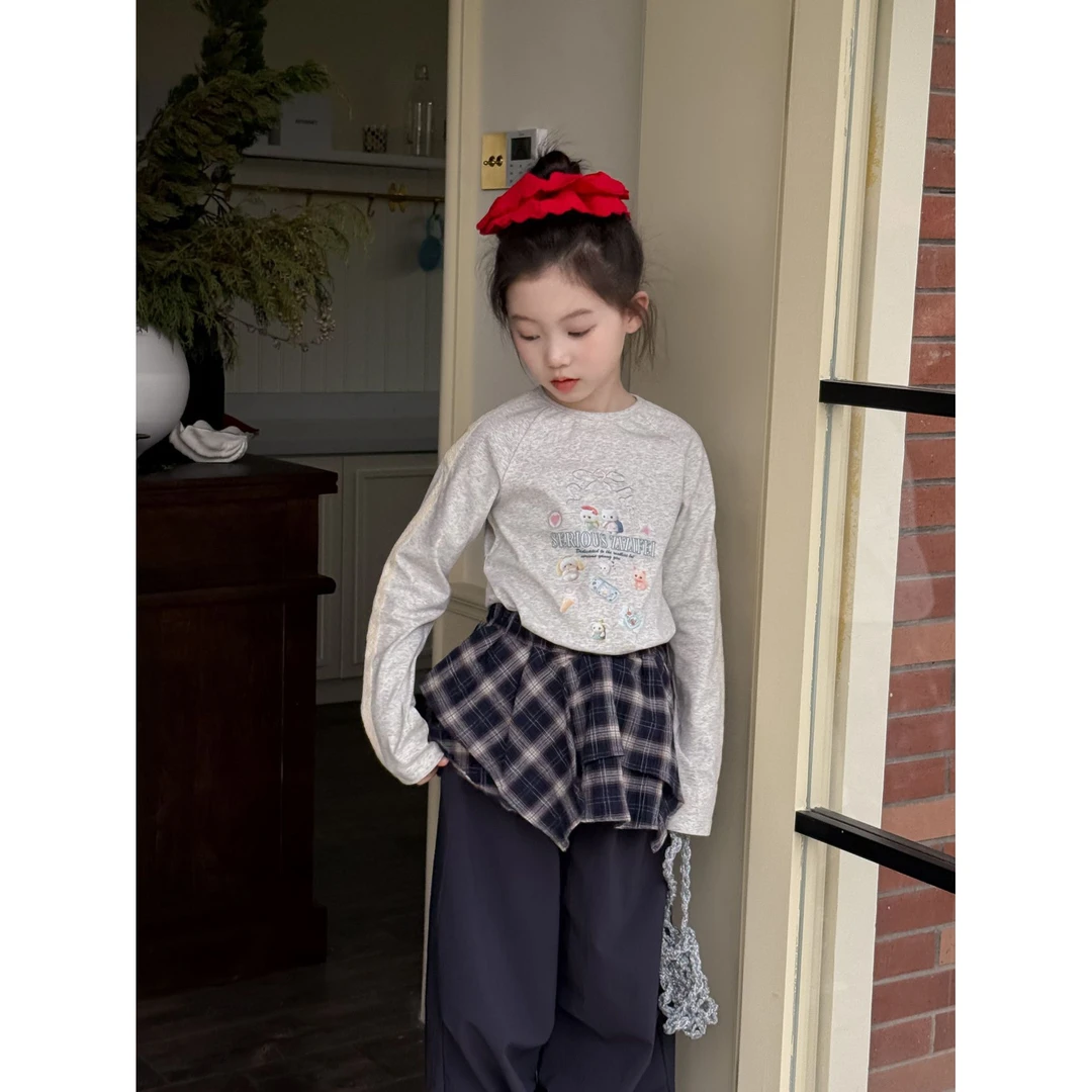 女童套装2025春季韩版卡通印花T恤休闲花边长袖上衣