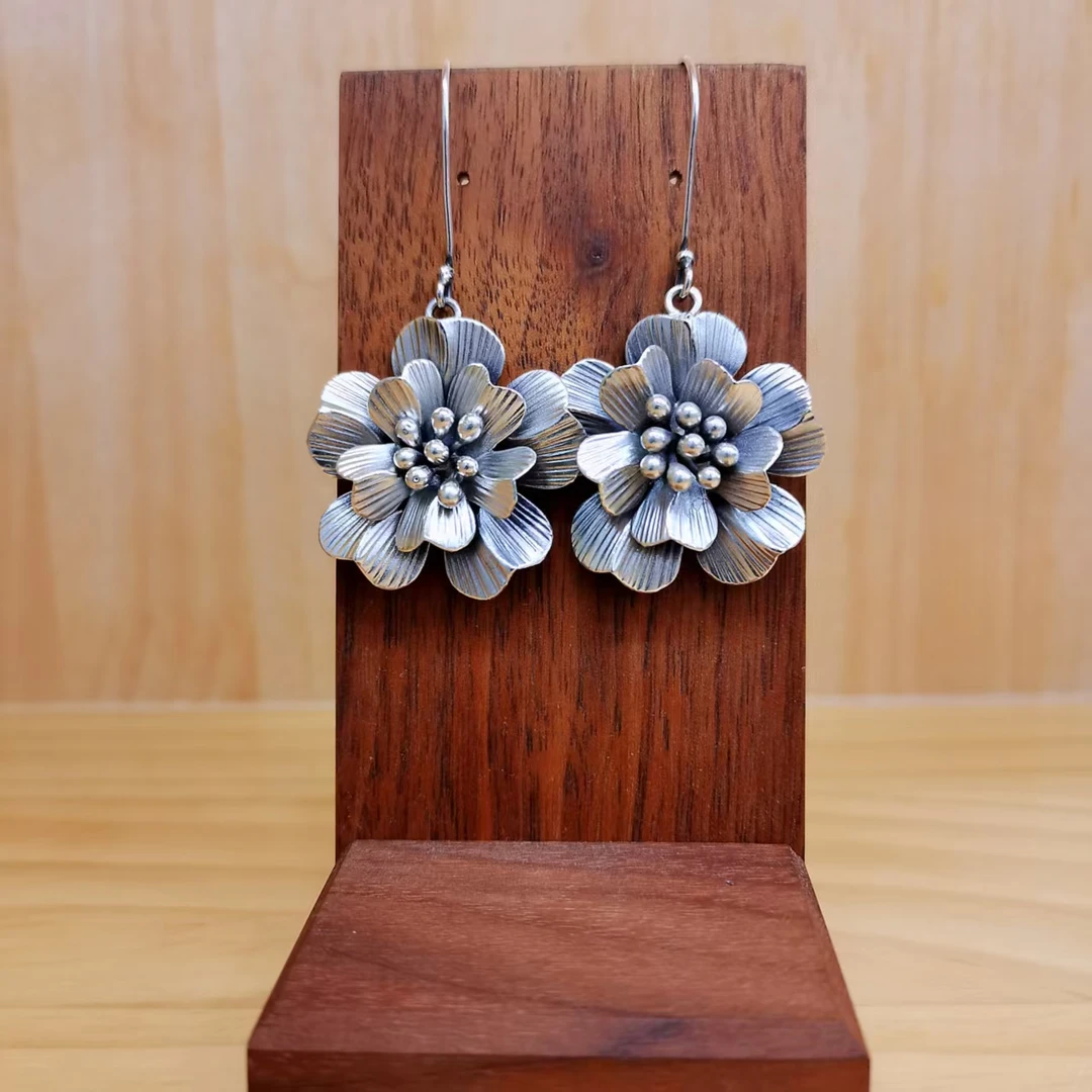 925银耳饰 925银玫瑰花耳环手工银花朵女复古民族风个性气质