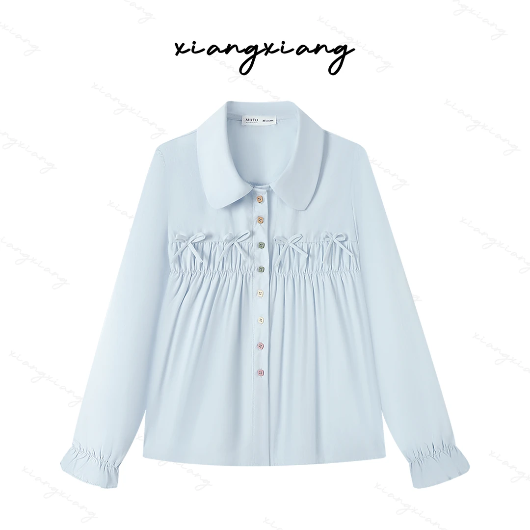 TU23990《珊珊专属》“糖果”小清新蓝色衬衫女新款娃娃领减龄上衣