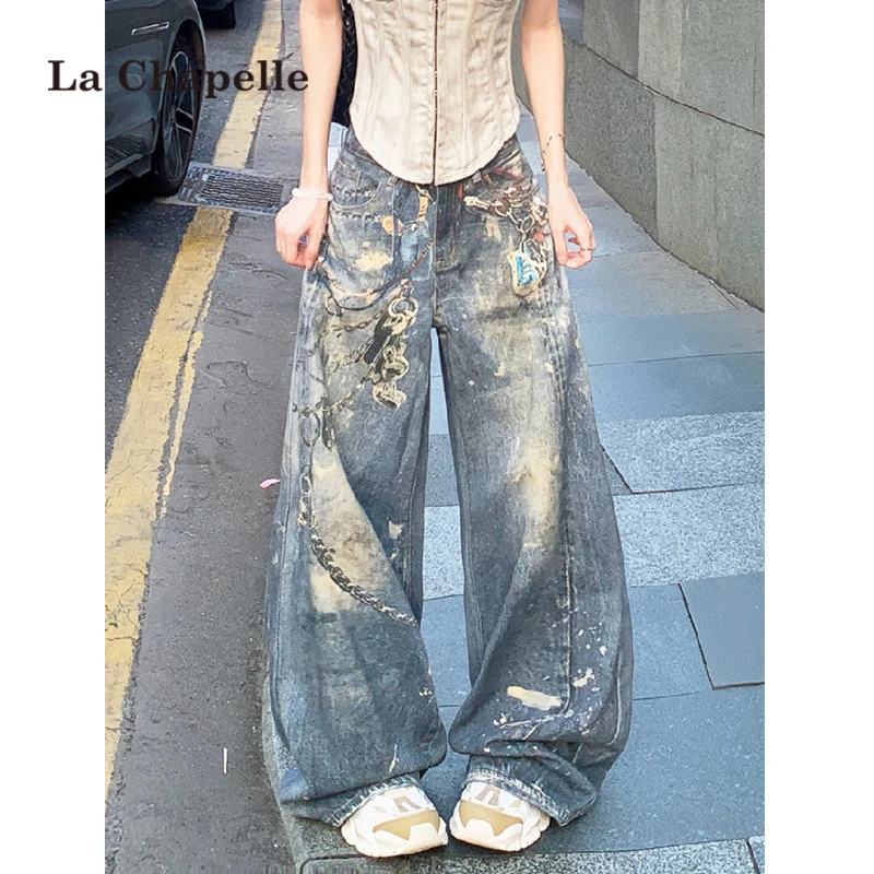 拉夏贝尔美式高街设计感涂鸦阔腿牛仔裤女春秋款做旧废土风拖地裤