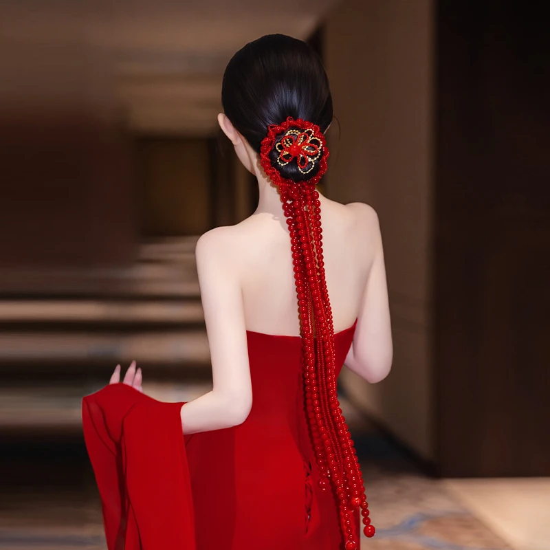 非金属树脂婚庆饰品 红色系新娘流苏瀑布后区串珠结婚发饰D0568R