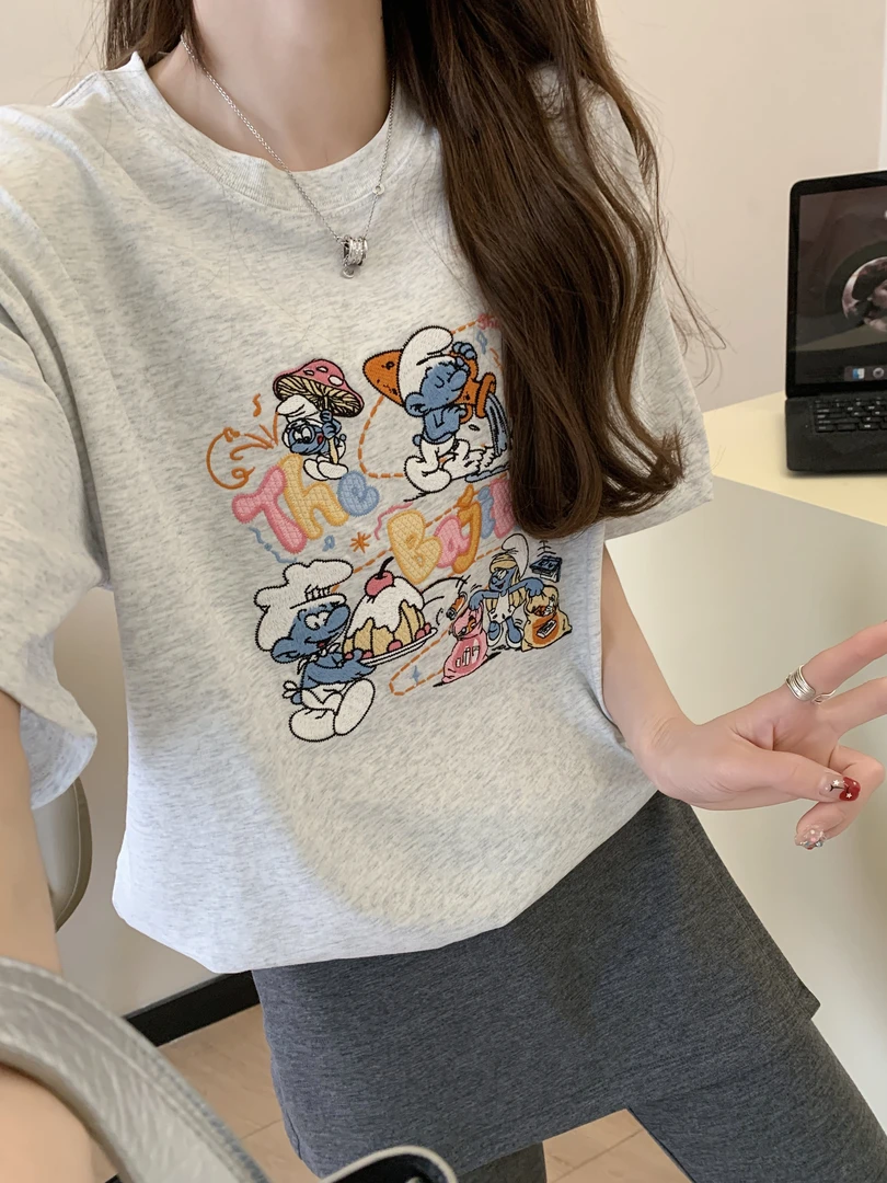 0187【夏季新款】胸前彩色字母蛋糕蓝精灵卡通休闲圆领T恤（969）