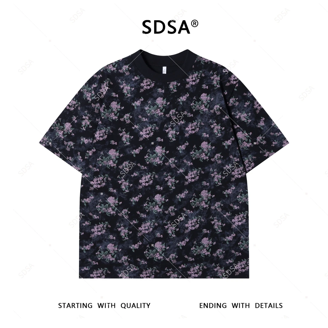 夏季高级感新款男士撞色满印花卉图案短袖T恤扎染时尚圆领上衣