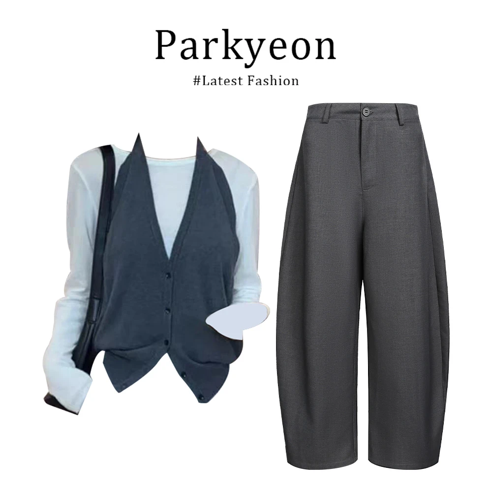 parkyeon韩系时尚气质长袖T恤上衣挂脖针织背心直筒休闲裤三件套