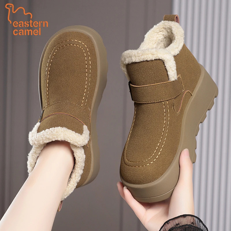 东方骆驼厚底加绒勃肯鞋女士增高冬季新款防滑毛绒保暖雪地靴棉鞋