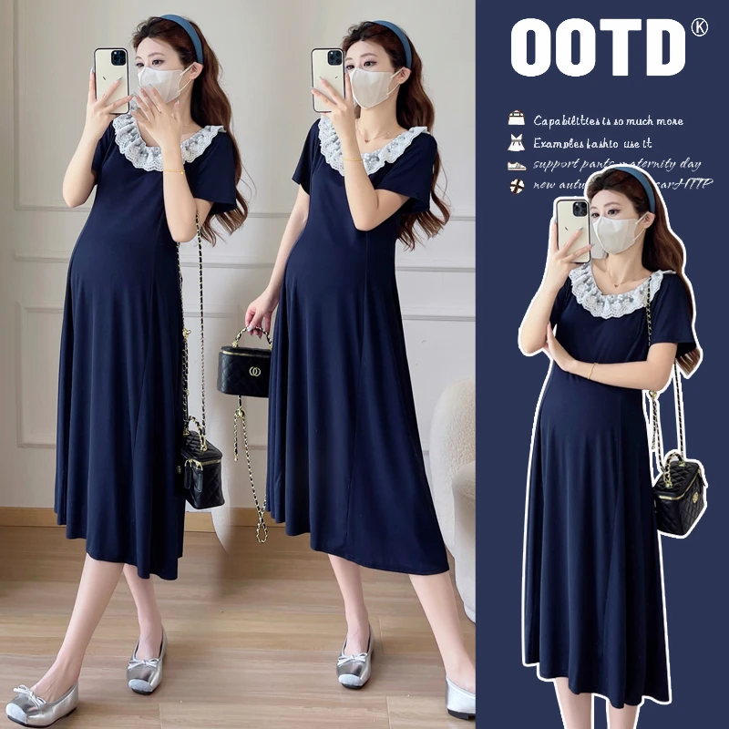 66家~2025夏季新款孕妇装时尚气质甜美减龄蕾丝拼接显瘦连衣裙