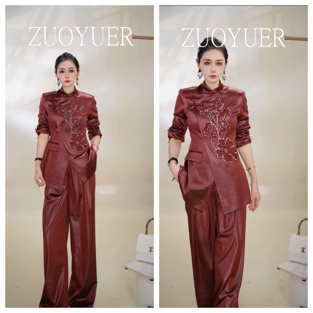 佐.玉儿冬季时尚套装休闲时尚设计师绣花暗焰绯红复古（小月）25920