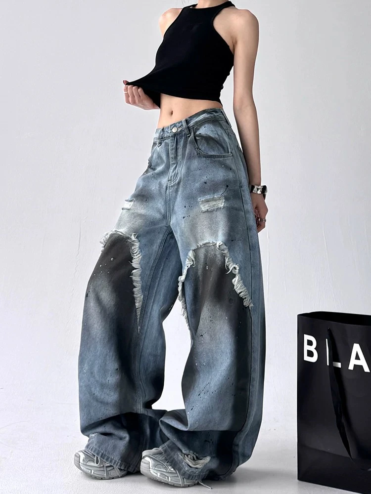 92008假两件喷绘破洞牛仔裤高腰显瘦