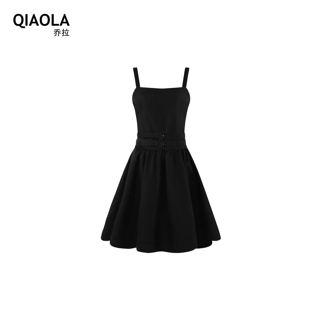 QIAOLA/乔拉【新天鹅湖】小众设计秋双腰带压褶A字版吊带连衣预售