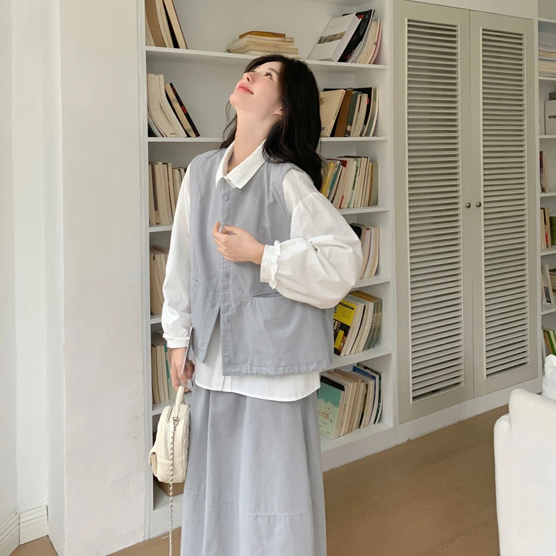 森系小清新套装裙女2025早春新款复古文艺范马甲衬衫半身裙三件套