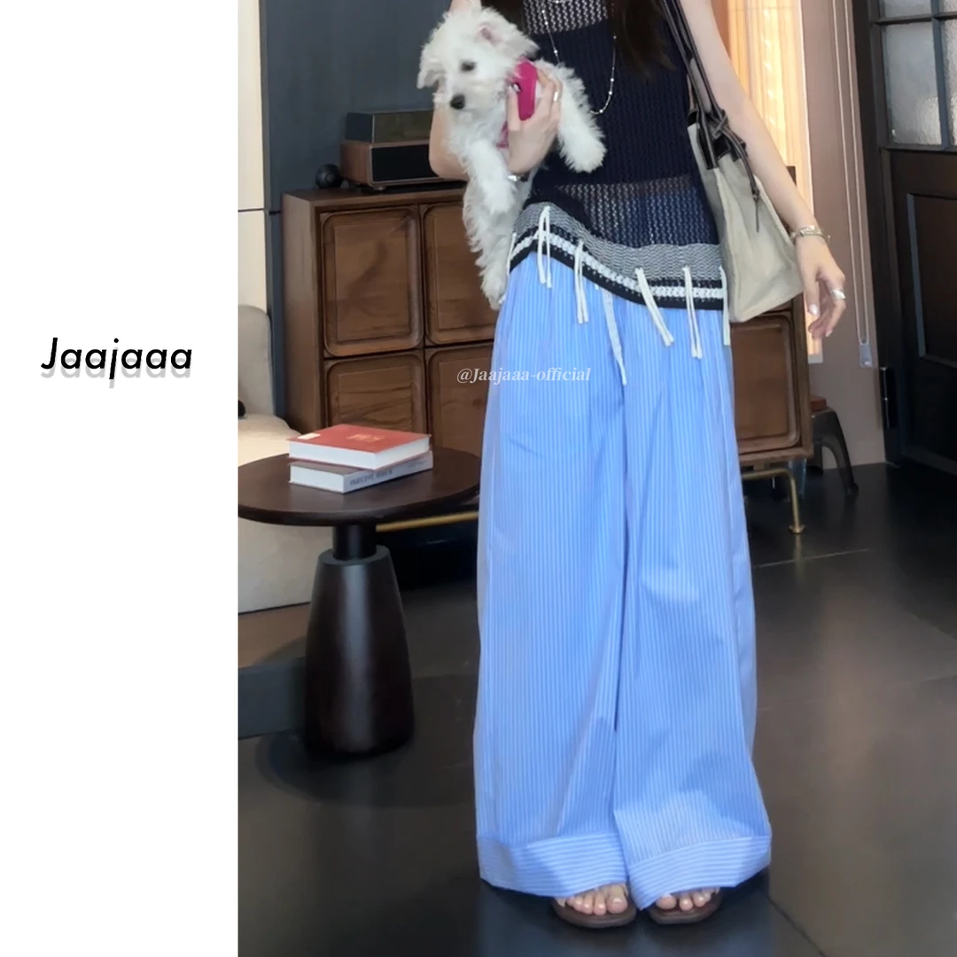Jaajaaa松弛日志  慵懒风松紧腰抽绳条纹直筒阔腿拖地休闲裤/XXBB