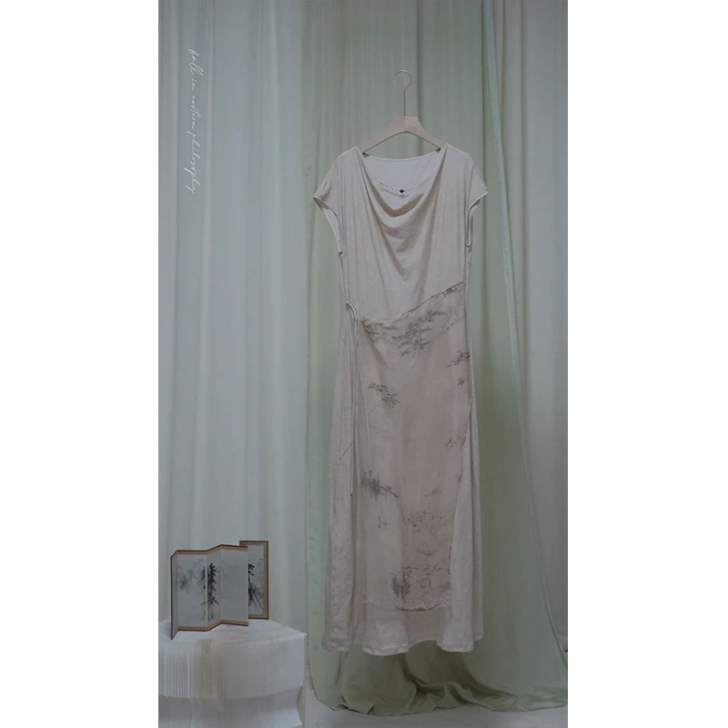 泊风OZEN【水乡粉墨】设计师原创改良印花飘纱T恤+连衣裙