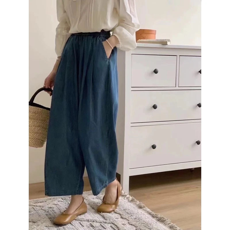 葭丽81136薄料水洗牛仔九分气球裤百搭宽松韩版松紧腰休闲裤