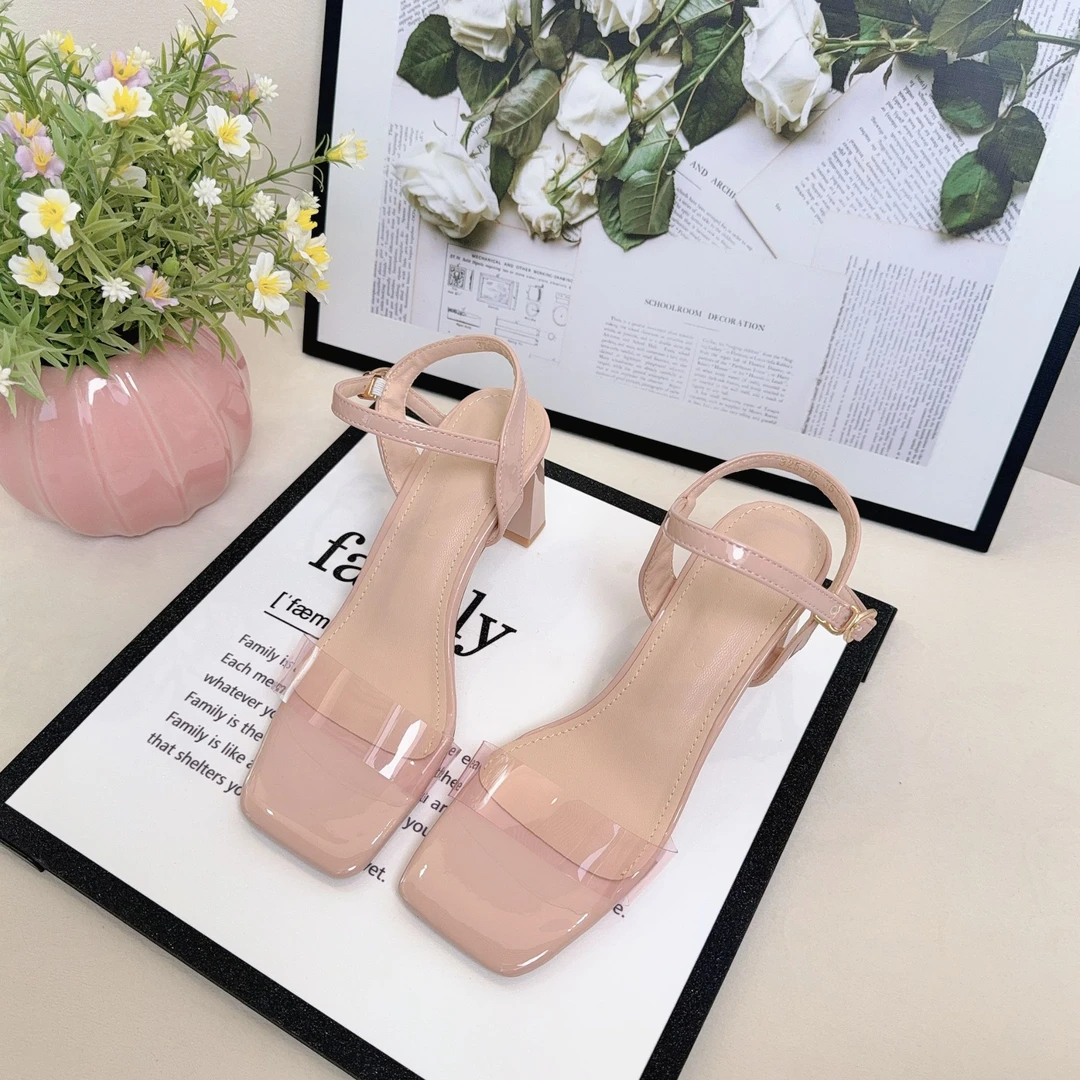 时尚女鞋夏新款露趾一字带凉鞋粗跟高跟百搭方头凉鞋W325-16