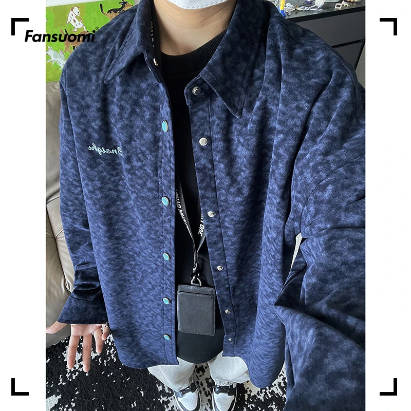 范索米秋季扎染重磅灯芯绒长袖衬衫外套刺绣翻领复古百搭衬衣男潮