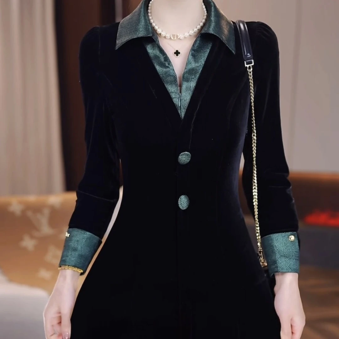 1高档金丝绒假两件优雅气质礼服裙2024冬季新款遮肉显瘦轻奢连衣