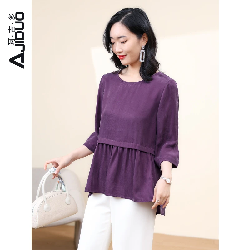 阿吉多铜氨丝t恤女2025新款夏季前短后长高级感小衫圆领紫色上衣