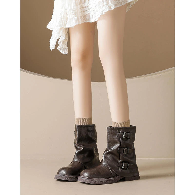 厚底皮带扣堆堆褶皱中筒靴女秋冬短靴子马丁裤管靴冬季英伦风百搭