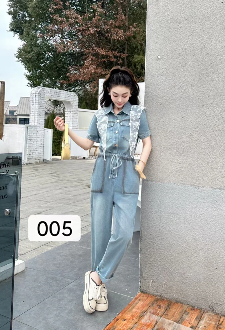 【肉总】牛仔翻领短袖连体长裤洋气减龄蕾丝披肩