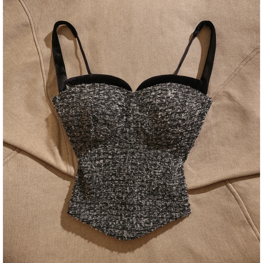 法式小香风丝绒抹胸吊带背心带胸垫高级感性感气质修身轻奢风上衣