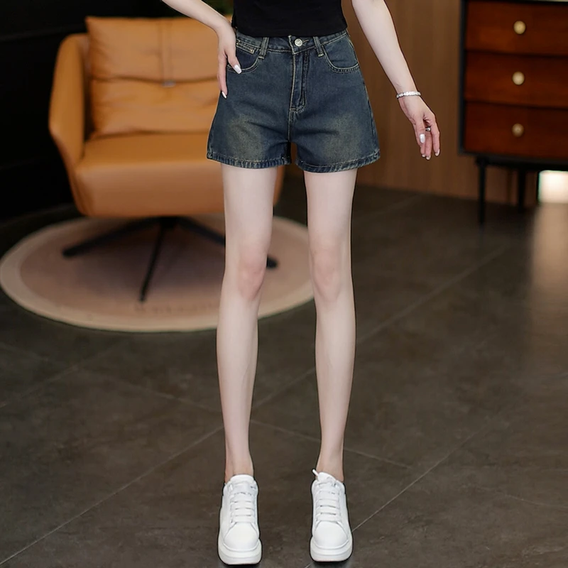 2025夏季新款港风复古蓝牛仔直筒短裤高腰显瘦透气百搭休闲四分裤
