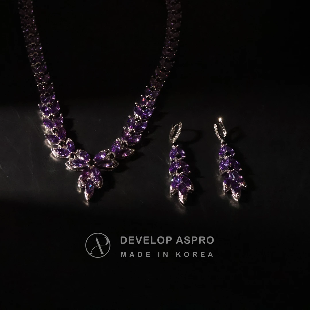 铜合金仿水晶耳饰 【现货】韩国新款紫色气质耳钉项链SP43