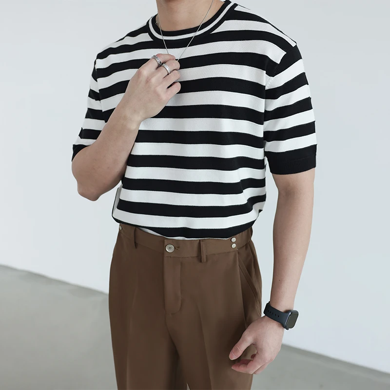 条纹针织短袖T恤修身复古男士圆领春夏季垂性体恤上衣