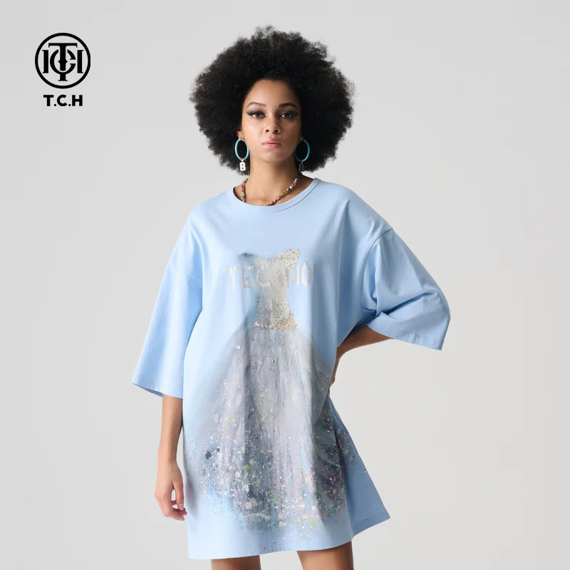 (现货）T.C.H2025春夏新款烫钻时尚百搭婚纱T恤连衣裙T72B306050