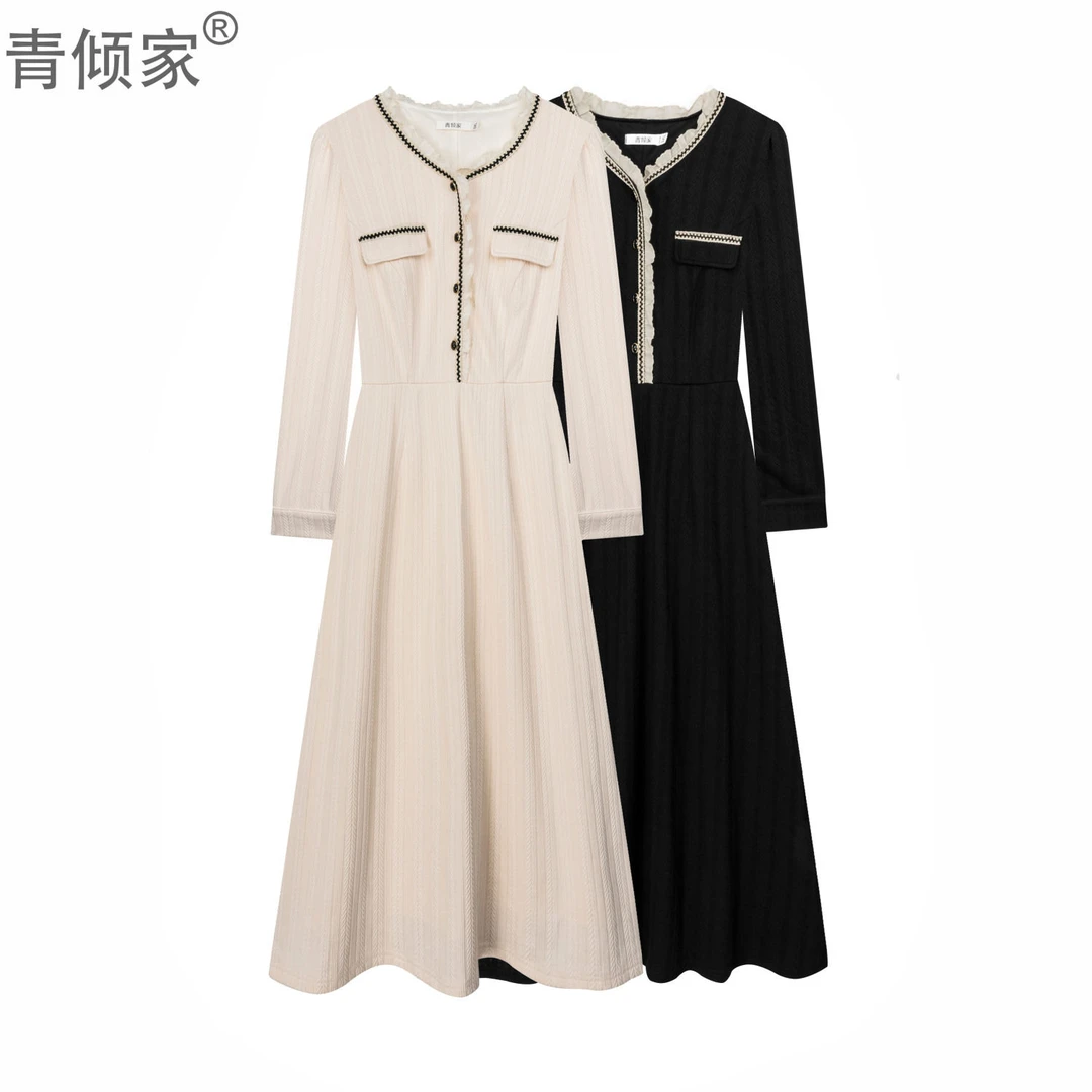 青倾家【春生如故】秋冬加绒法式小香风蕾丝打底连衣裙长裙裙子