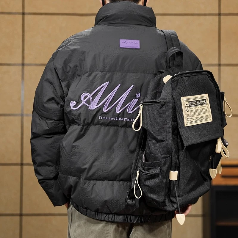 立领白鸭绒羽绒服男冬季新款潮牌保暖加厚面包服字母刺绣情侣外套