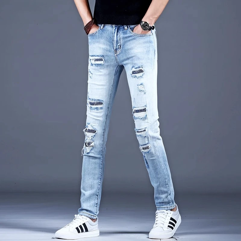 Cebrodz男士浅色破洞牛仔裤薄款高级潮男裤子小脚修身新款休闲裤