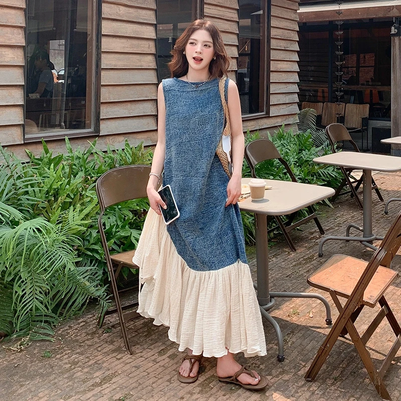 韩系撞色荷叶边拼接连衣裙女夏2025新款设计感小众独特减龄长裙子