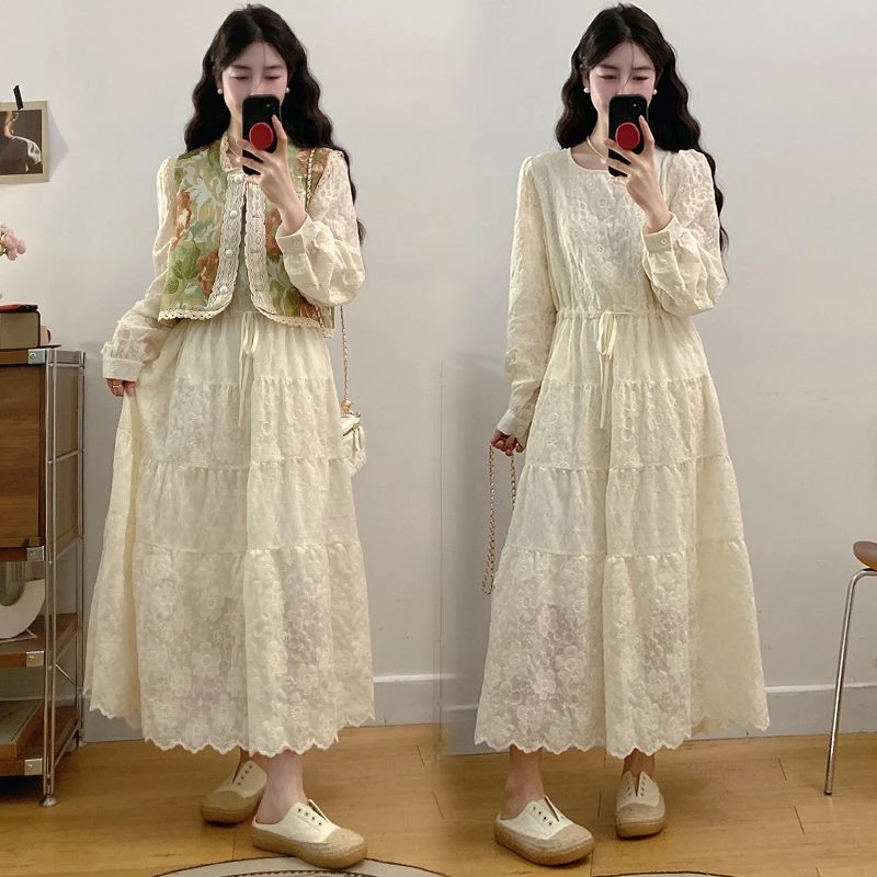 胖颖专属大码春季新款蕾丝连衣裙+复古花色马甲套装6116