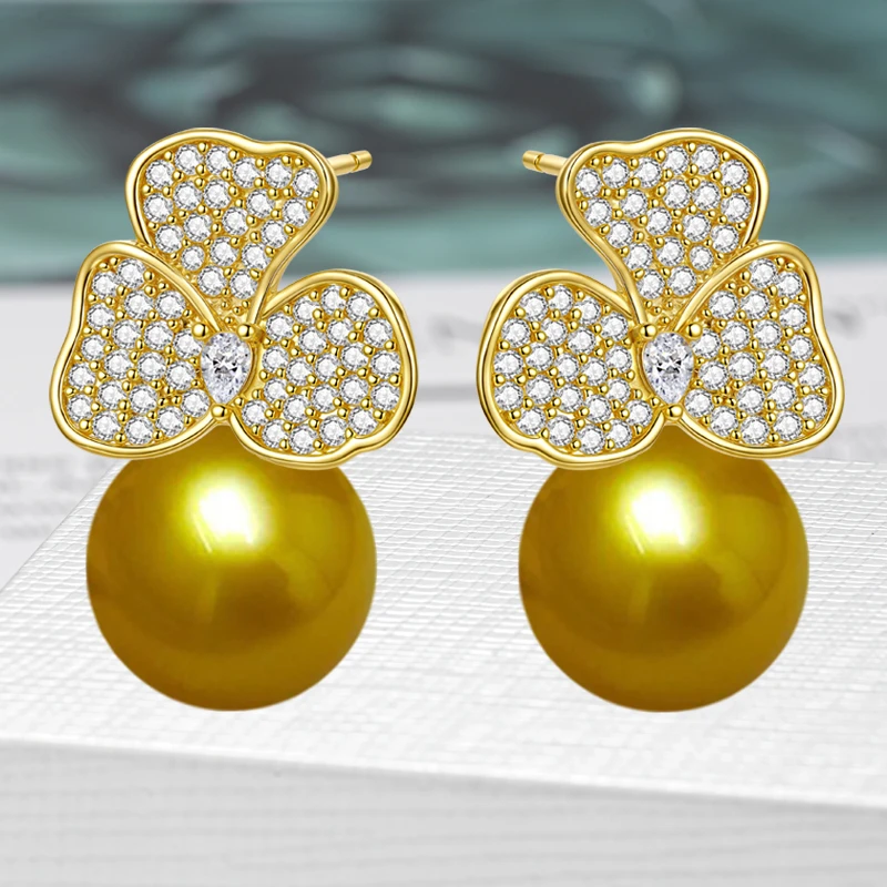 925银仿珍珠耳饰 S925银针土豪金色仿珍珠耳钉女优雅三叶草耳坠