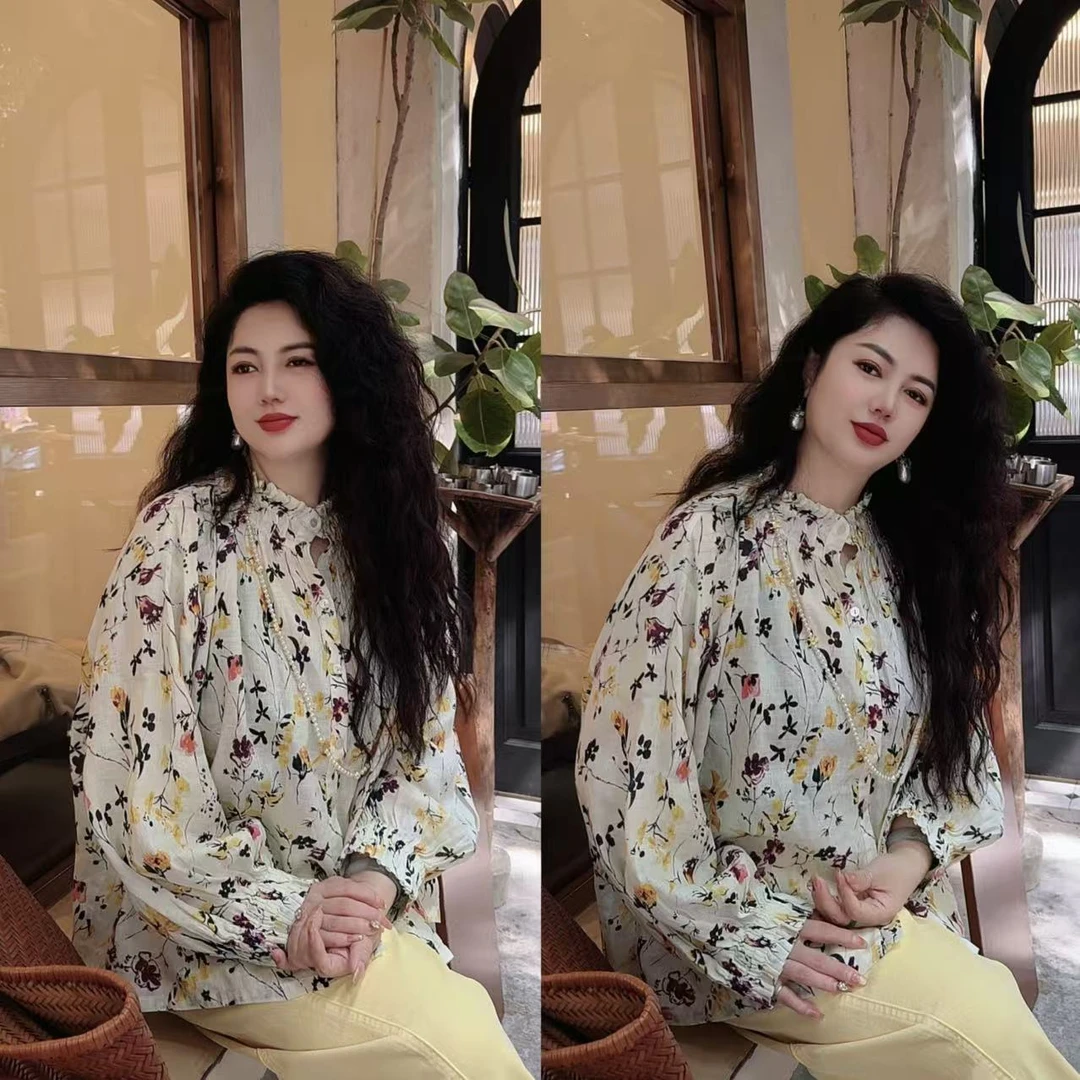 臭朵朵家  早春新款小众设计时尚洋气高品麻棉碎花衬衫