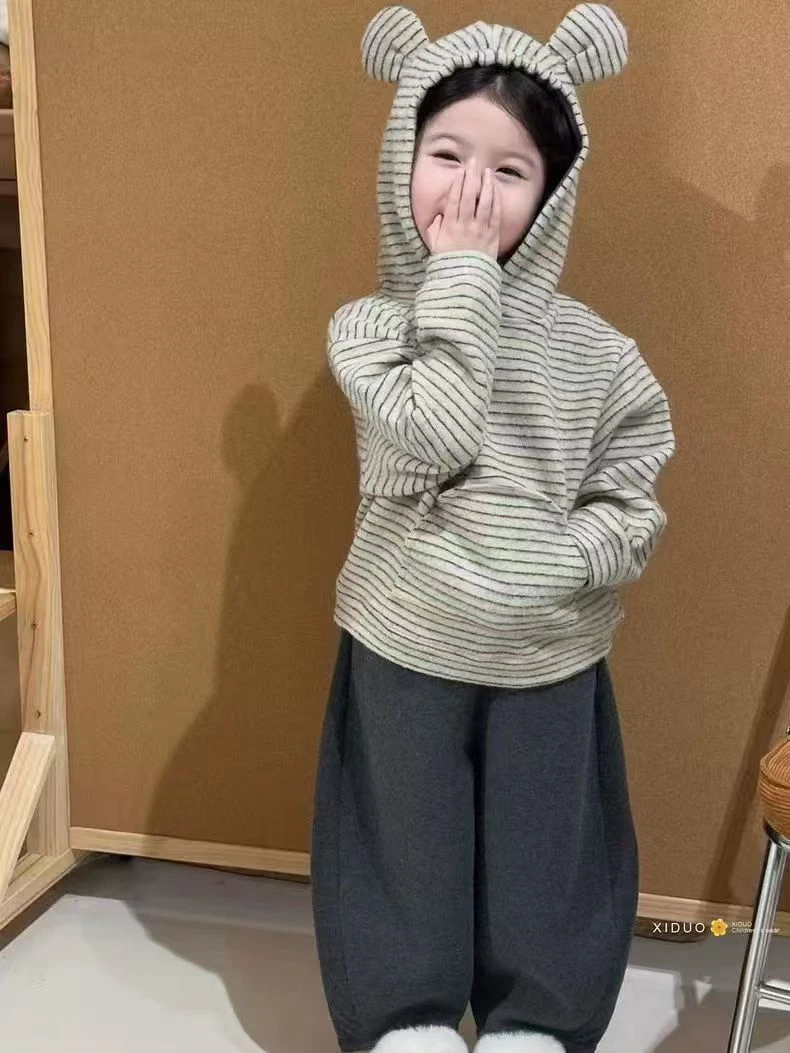 女童可爱小熊耳朵卫衣套装秋季韩系男女宝小童洋气条纹超萌两件套