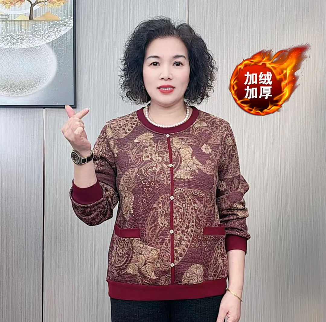 冬季新款加绒加厚中老年女长袖圆领宽松带口袋休闲风减龄保暖打底