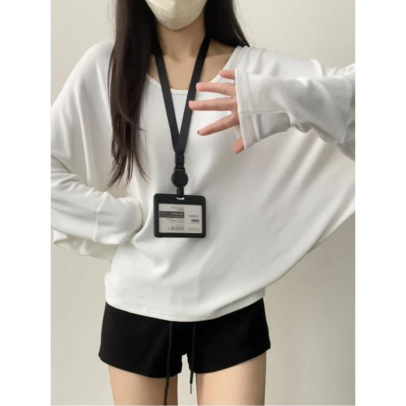 韩系宽松蝙蝠袖2025春秋季长袖t恤女宽松遮肉内搭打底纯色上衣女