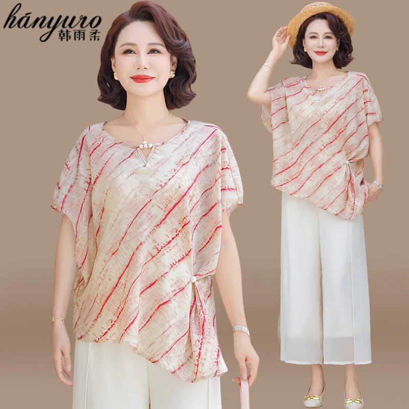 妈妈装2025新款夏装套装洋气雪纺小衫端庄大气中老年女短袖上衣服