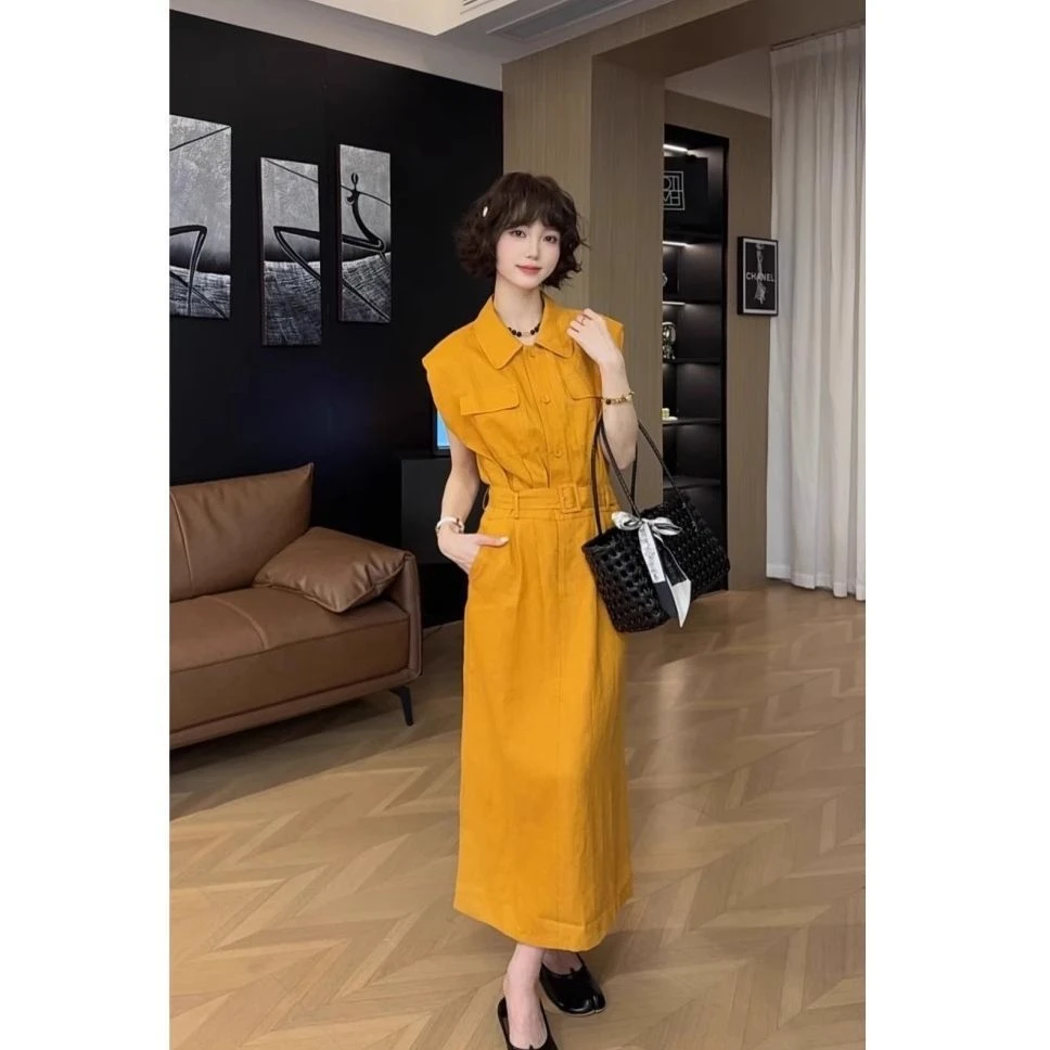 韩版设计感气质收腰无袖连衣裙女夏季新款高级感时尚显瘦工装长裙