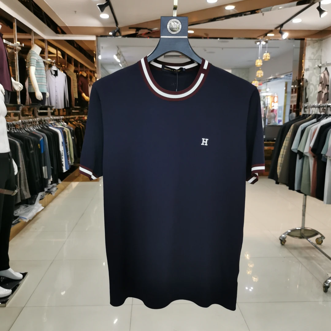 水洗短袖日常春季圆领撞色T恤百搭藏青夏季时尚经典男士上衣