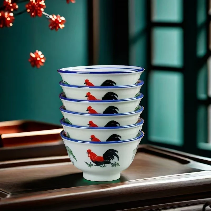 怀旧老式青花公鸡陶瓷釉下彩吃饭碗鸡公碗加厚防烫商用家用中式